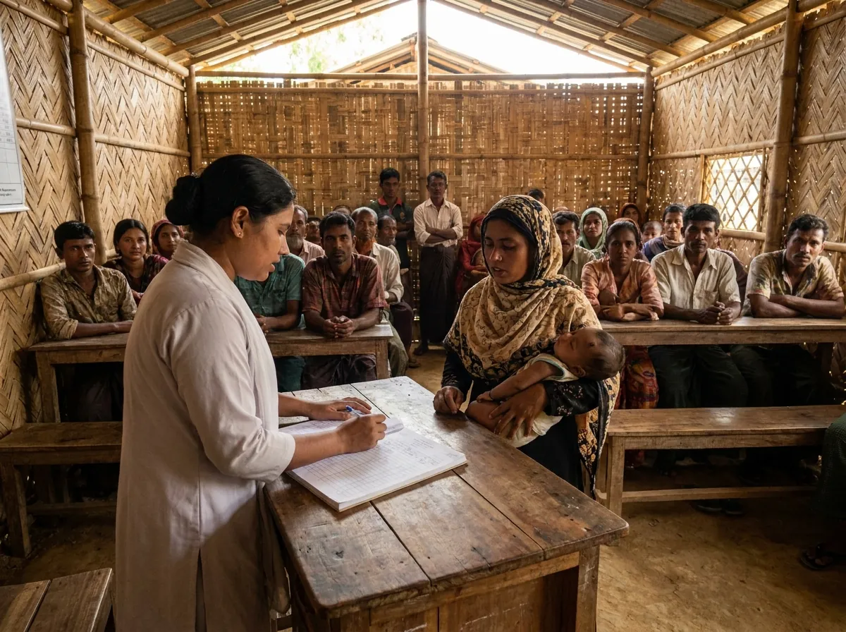 A nurse registering a mother and baby at a health post in a refugee camp