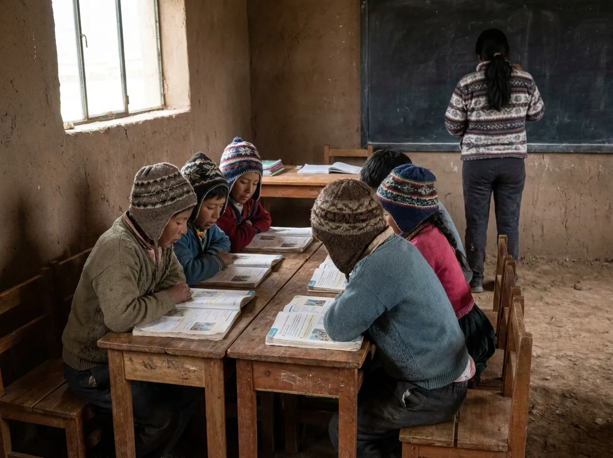 Schoolchildren in knitted hats sharing textbooks in a rural Andean school