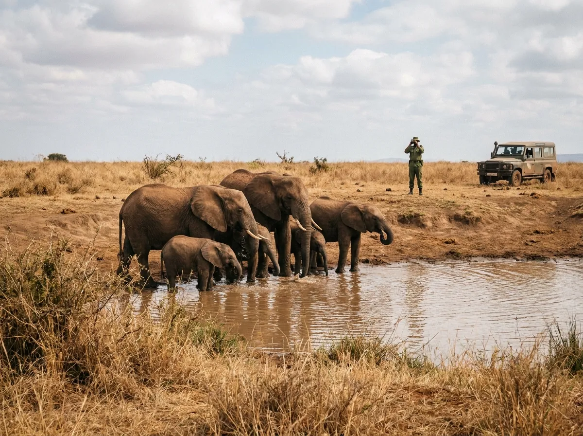 A park ranger watching a family of elephants drinking at a waterhole