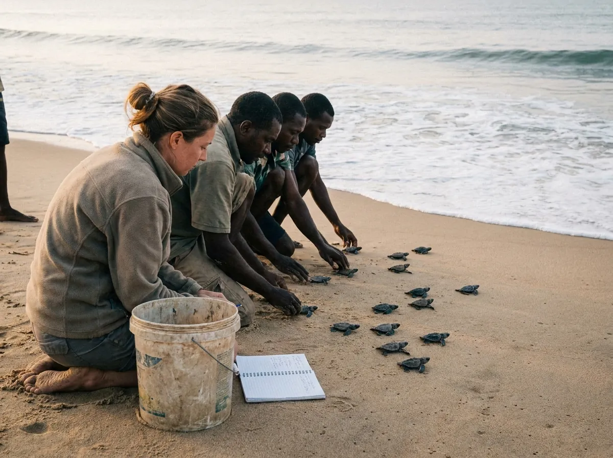 Volunteers helping sea turtle hatchlings reach the sea at dawn